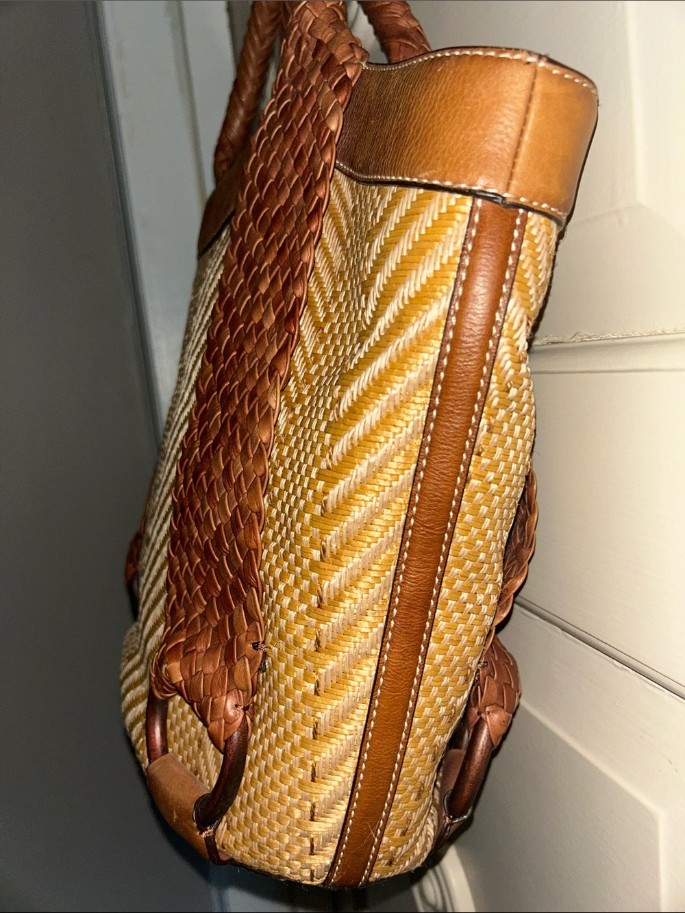 COLE HAAN Woven Straw LG Tote Bag with Braided Leather Handles - Brown & Natural - Picture 3 of 5